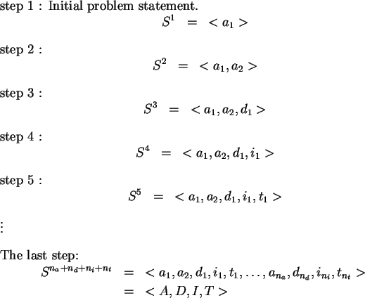 \begin{singlespace}\begin{description}
\item{step $1$ :} Initial problem stateme...
..._{n_{t}}> \\
& = & <A,D,I,T>
\end{eqnarray*}\end{description}\end{singlespace}