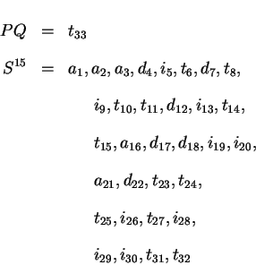 \begin{eqnarray*}PQ & = & t_{33} \\
S^{15} & = & a_1, a_2, a_3, d_4, i_5, t_6, ...
..., i_{28}, \\
& & \hspace{0.25in}i_{29} , i_{30}, t_{31}, t_{32}
\end{eqnarray*}