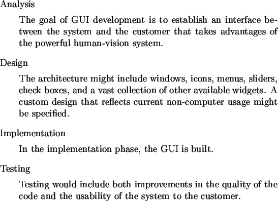 \begin{singlespace}\begin{description}
\item{Analysis}
\par The goal of GUI deve...
... usability of the system to the customer.
\par\end{description}\end{singlespace}