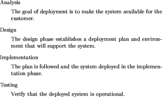 \begin{singlespace}\begin{description}
\item{Analysis}
\par The goal of deployme...
... that the deployed system is operational.
\par\end{description}\end{singlespace}