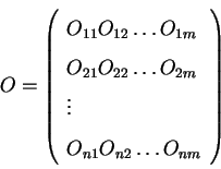 \begin{displaymath}O = \left( \begin{array}{llll}
O_{11} O_{12} \ldots O_{1m} \...
... \vdots \\
O_{n1} O_{n2} \ldots O_{nm}
\end{array} \right)
\end{displaymath}