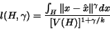 \begin{eqnarray*}
l(H, \gamma)=\frac{\int_{H}\Vert x-{\hat x}\Vert^{\gamma}dx}{[V(H)]^{1+\gamma/k}}
\end{eqnarray*}