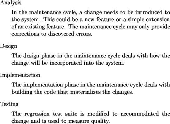 \begin{singlespace}\begin{description}
\item{Analysis}
\par In the maintenance c...
...he change and is used to measure quality.
\par\end{description}\end{singlespace}