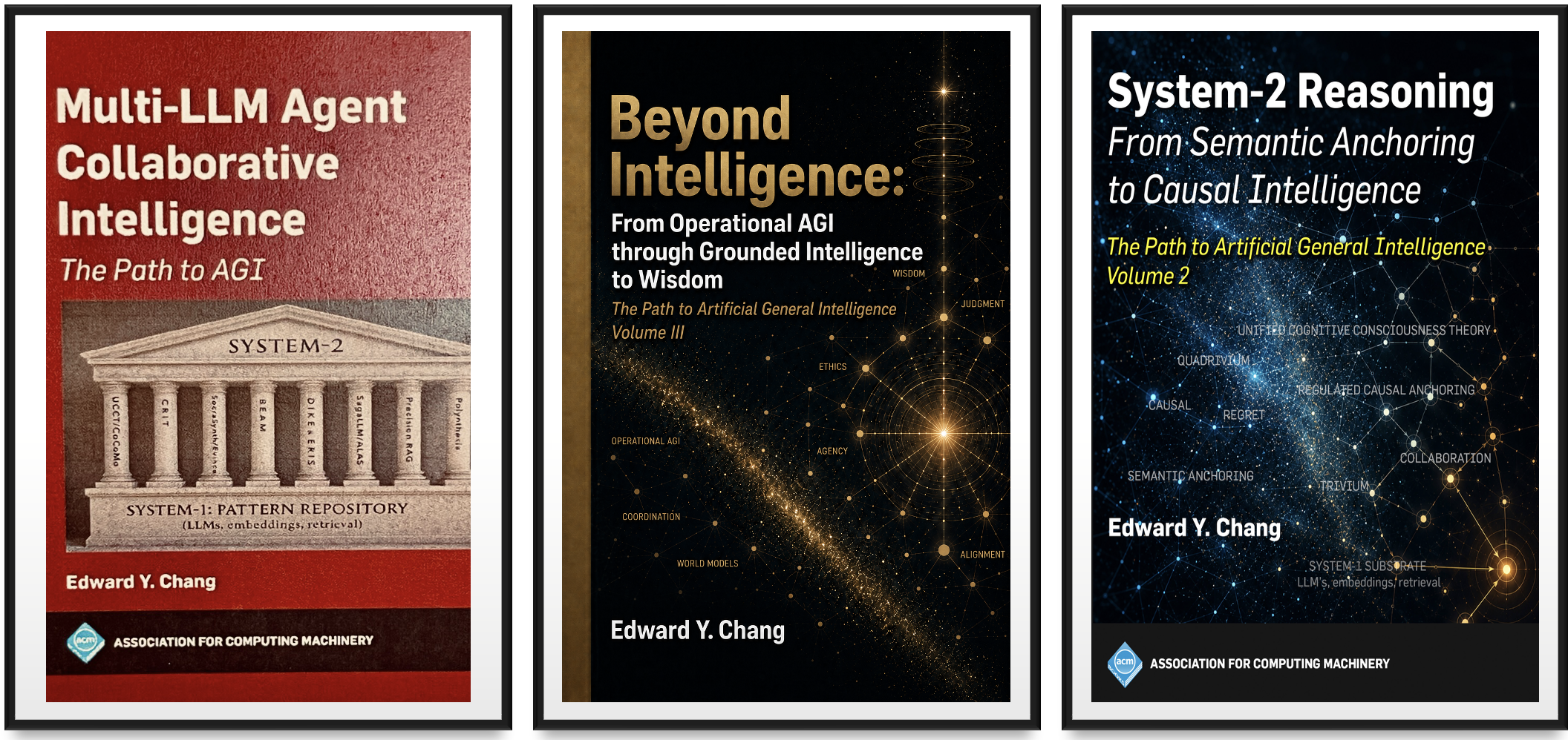 The Path to AGI Trilogy: Volume 1 (Multi-LLM Agent Collaborative Intelligence), Volume 3 (Beyond Intelligence), and Volume 2 (System-2 Reasoning)