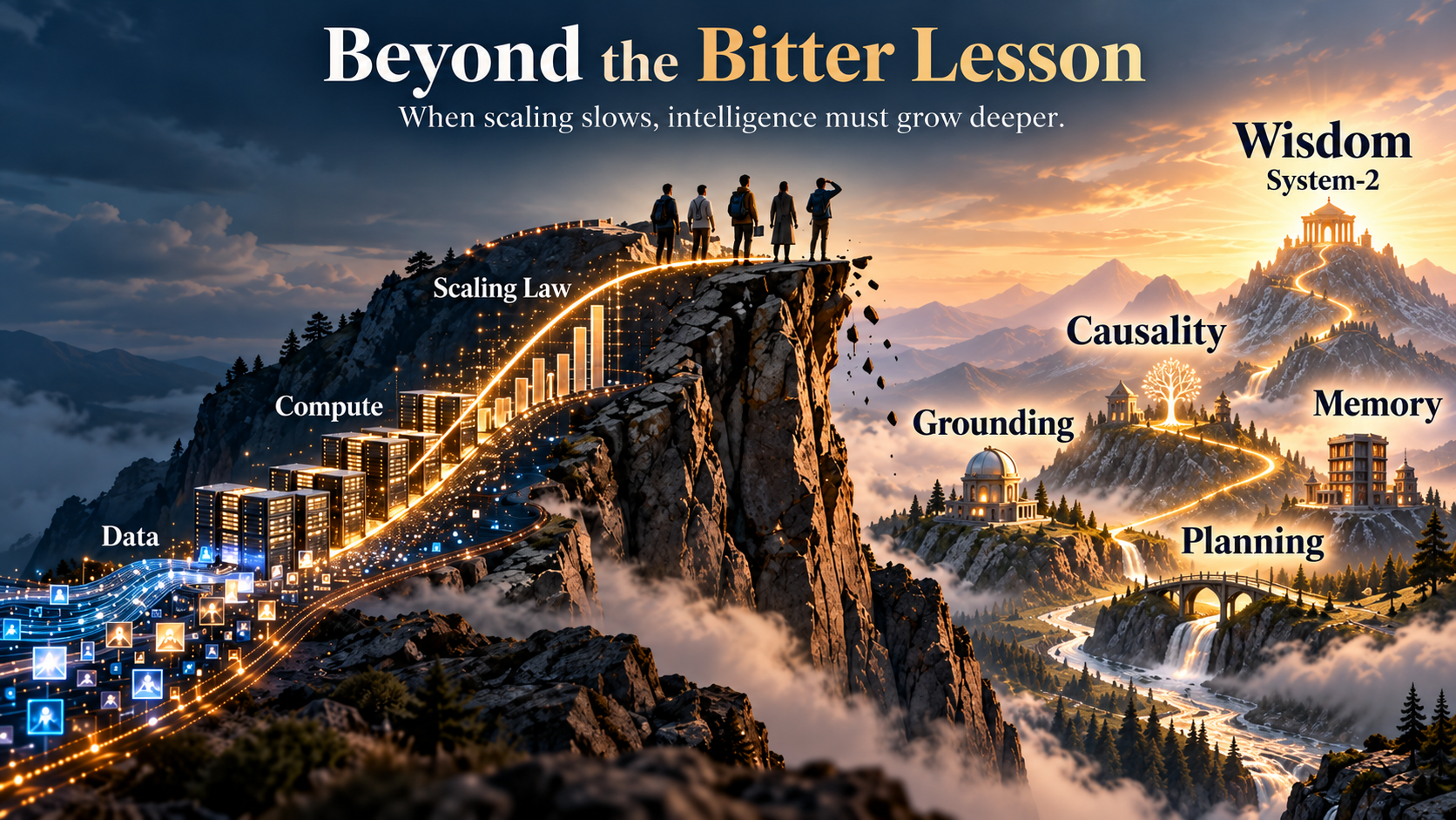 Beyond the Bitter Lesson: data, compute, and scaling reach a cliff while the path ahead points toward grounding, causality, memory, planning, and wisdom.