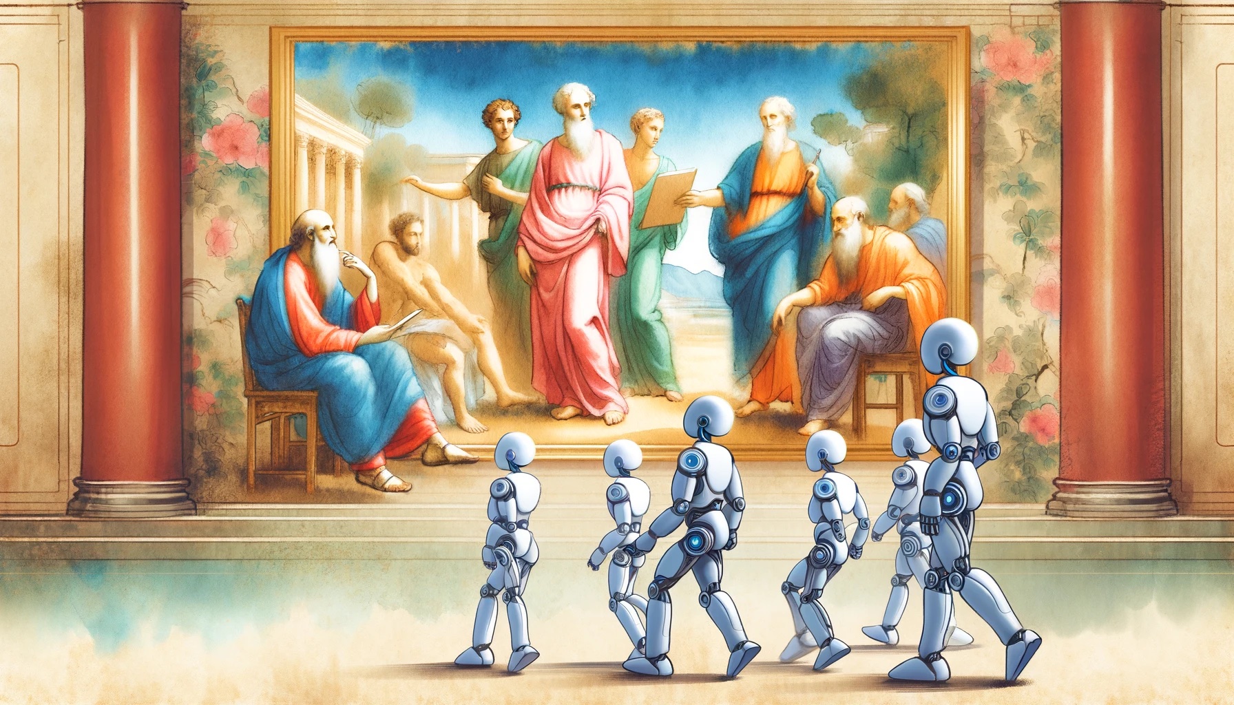 A group of robots trying to understand the painting.